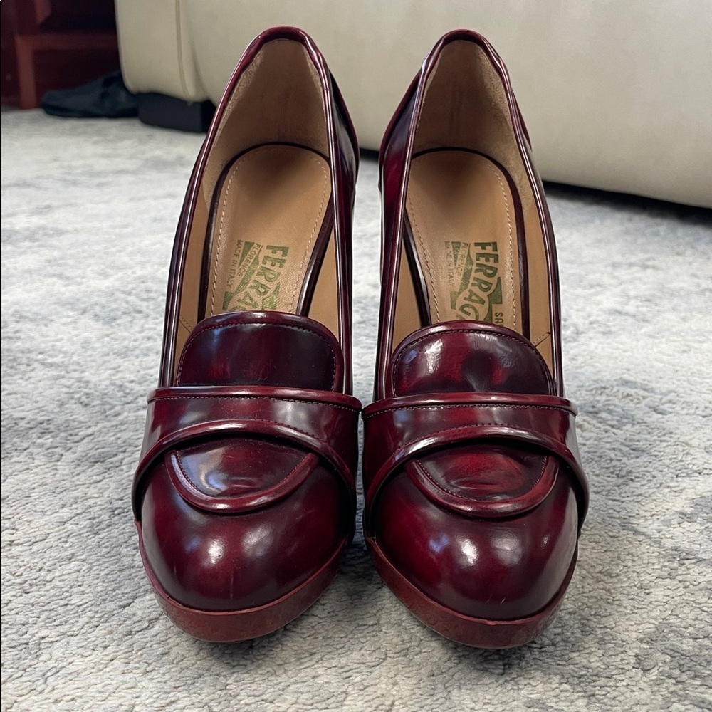 NIB Salvatore Ferragamo Reina Loafer Heels Pumps Red Oxblood Glossy Sz 5.5 - Picture 5 of 15